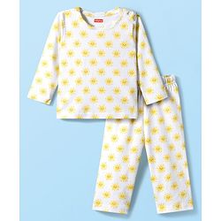 Babyhug Cotton Knit Full Sleeves T-Shirt & Pyjama Co-ord Night Suit With Sun Print - White