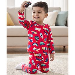 Babyhug Cotton Knit Full Sleeves T-Shirt & Pyjama Co-ord Night Suit With Vehicle Print - Red
