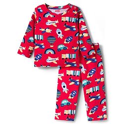 Babyhug Cotton Knit Full Sleeves T-Shirt & Pyjama Co-ord Night Suit With Vehicle Print - Red