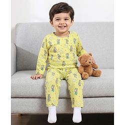 Babyhug Cotton Knit Full Sleeves T-Shirt & Pyjama Co-ord Night Suit With Animal Print - Yellow