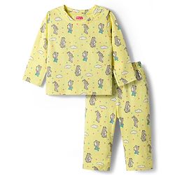 Babyhug Cotton Knit Full Sleeves T-Shirt & Pyjama Co-ord Night Suit With Animal Print - Yellow