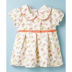 Babyhug Cotton Woven Half Sleeves Floral Printed Peter Pan Collared Frock - Multicolour