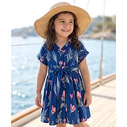 Babyhug Cotton Woven Half Sleeves Shirt Style Frock With Floral Print & Belt - Navy Blue
