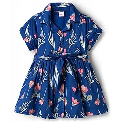 Babyhug Cotton Woven Half Sleeves Shirt Style Frock With Floral Print & Belt - Navy Blue