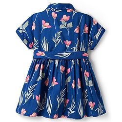 Babyhug Cotton Woven Half Sleeves Shirt Style Frock With Floral Print & Belt - Navy Blue