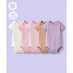 Babyhug 100% Pure Superfine Cotton Knit Half Sleeves Solid Onesies Pack of 5 - Multicolor