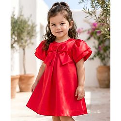 Babyhug Satin Woven Half Sleeves Party Dress With Bow Detailing - Red
