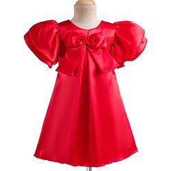 Babyhug Satin Woven Half Sleeves Party Dress With Bow Detailing - Red