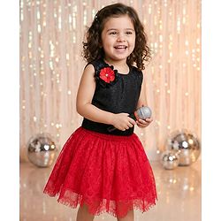 Babyhug Lace Woven Sleeveless Shimmer Party Top & Skirt Set With Floral Applique - Black & Red