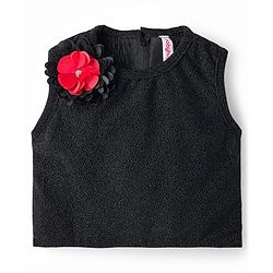 Babyhug Lace Woven Sleeveless Shimmer Party Top & Skirt Set With Floral Applique - Black & Red