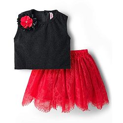 Babyhug Lace Woven Sleeveless Shimmer Party Top & Skirt Set With Floral Applique - Black & Red