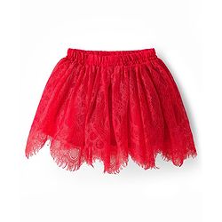 Babyhug Lace Woven Sleeveless Shimmer Party Top & Skirt Set With Floral Applique - Black & Red