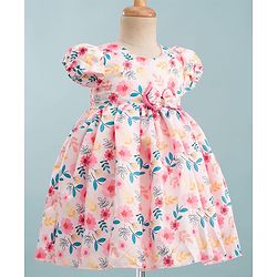 Babyhug Premium Satin Woven Half Puffed Sleeves Party Dress With Floral Print & Bow Applique - Multicolor