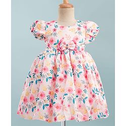 Babyhug Premium Satin Woven Half Puffed Sleeves Party Dress With Floral Print & Bow Applique - Multicolor