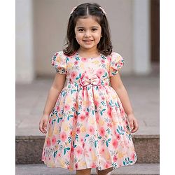 Babyhug Premium Satin Woven Half Puffed Sleeves Party Dress With Floral Print & Bow Applique - Multicolor