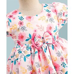 Babyhug Premium Satin Woven Half Puffed Sleeves Party Dress With Floral Print & Bow Applique - Multicolor