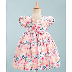 Babyhug Premium Satin Woven Half Puffed Sleeves Party Dress With Floral Print & Bow Applique - Multicolor