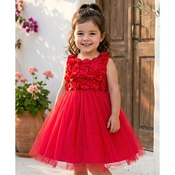 Babyhug Mesh Woven Sleeveless Party Dress With 3D Flower Detailing & Cotton Lining - Red