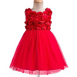 Babyhug Mesh Woven Sleeveless Party Dress With 3D Flower Detailing & Cotton Lining - Red