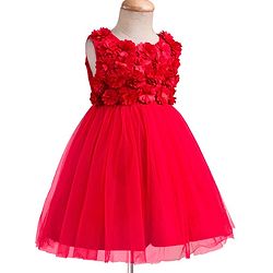Babyhug Mesh Woven Sleeveless Party Dress With 3D Flower Detailing & Cotton Lining - Red