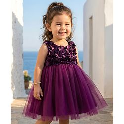 Babyhug Woven Sleeveless 5 Layer Party Dress with Floral Applique & Cotton Lining - Wine