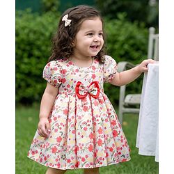Babyhug Woven Half Puffed Sleeves 5 Layer Party Dress with Floral Print Bow Applique & Cotton Lining - White