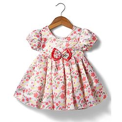 Babyhug Woven Half Puffed Sleeves 5 Layer Party Dress with Floral Print Bow Applique & Cotton Lining - White