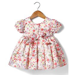 Babyhug Woven Half Puffed Sleeves 5 Layer Party Dress with Floral Print Bow Applique & Cotton Lining - White