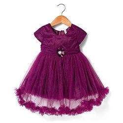 Babyhug 5 Layers Fit & Flare Half Sleeves Glitter Mesh Party Dress with Bow Deatiling and Cotton Lining - Wine