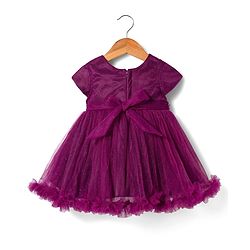 Babyhug 5 Layers Fit & Flare Half Sleeves Glitter Mesh Party Dress with Bow Deatiling and Cotton Lining - Wine