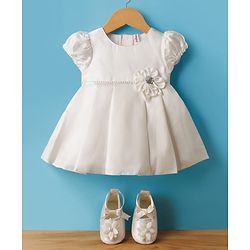 Babyhug Premium Satin Puffed Sleeves Fit & Flared Party Dress With Booties & Floral Applique - White