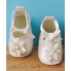 Babyhug Premium Satin Puffed Sleeves Fit & Flared Party Dress With Booties & Floral Applique - White