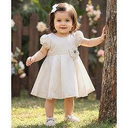 Babyhug Premium Satin Puffed Sleeves Fit & Flared Party Dress With Booties & Floral Applique - White