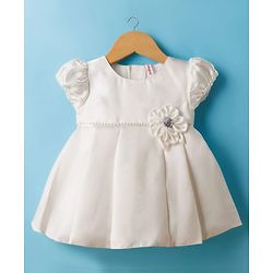 Babyhug Premium Satin Puffed Sleeves Fit & Flared Party Dress With Booties & Floral Applique - White