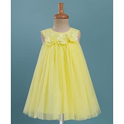 Babyhug Mesh Woven Sleeveless Party Dress With Floral Corsage - Yellow