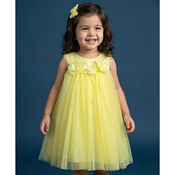 Babyhug Mesh Woven Sleeveless Party Dress With Floral Corsage - Yellow