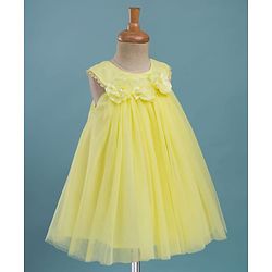 Babyhug Mesh Woven Sleeveless Party Dress With Floral Corsage - Yellow
