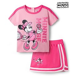 Babyhug Disney Single Jersey Knit Half Sleeves Top & Skirt Set With Minnie Mouse Graphics - Pink