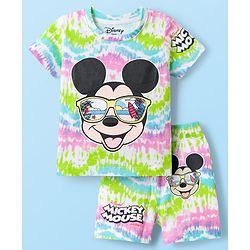 Babyhug Disney Single Jersey Knit Half Sleeves Tie & Dye T-Shirt & Shorts Set with Mickey Mouse Graphic - Multicolor