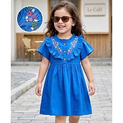 Babyhug 100% Cotton Woven Half Frill Sleeves Frock With Floral Embroidery - Blue