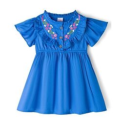 Babyhug 100% Cotton Woven Half Frill Sleeves Frock With Floral Embroidery - Blue