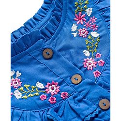 Babyhug 100% Cotton Woven Half Frill Sleeves Frock With Floral Embroidery - Blue