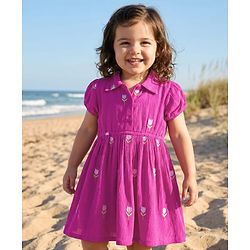 Babyhug Cotton Woven Half Puffed Sleeves Frock With Floral Embroidery - Purple