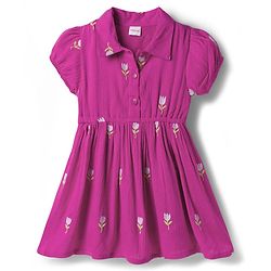 Babyhug Cotton Woven Half Puffed Sleeves Frock With Floral Embroidery - Purple