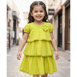 Babyhug Cotton Woven Half Sleeves Layered Frock with with Floral Applique & Lace Detailing - Light Green
