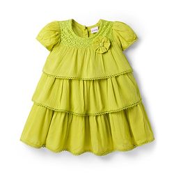 Babyhug Cotton Woven Half Sleeves Layered Frock with with Floral Applique & Lace Detailing - Light Green