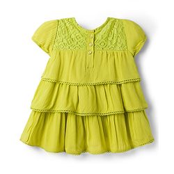 Babyhug Cotton Woven Half Sleeves Layered Frock with with Floral Applique & Lace Detailing - Light Green