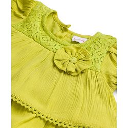 Babyhug Cotton Woven Half Sleeves Layered Frock with with Floral Applique & Lace Detailing - Light Green