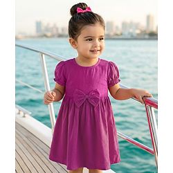 Babyhug Cotton Woven Half Puffed Sleeves Solid Colour A Line Frock with Bow Applique - Dark Pink