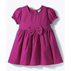 Babyhug Cotton Woven Half Puffed Sleeves Solid Colour A Line Frock with Bow Applique - Dark Pink